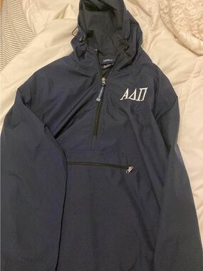 Navy Hooded Rain Jacket with White Greek Letters